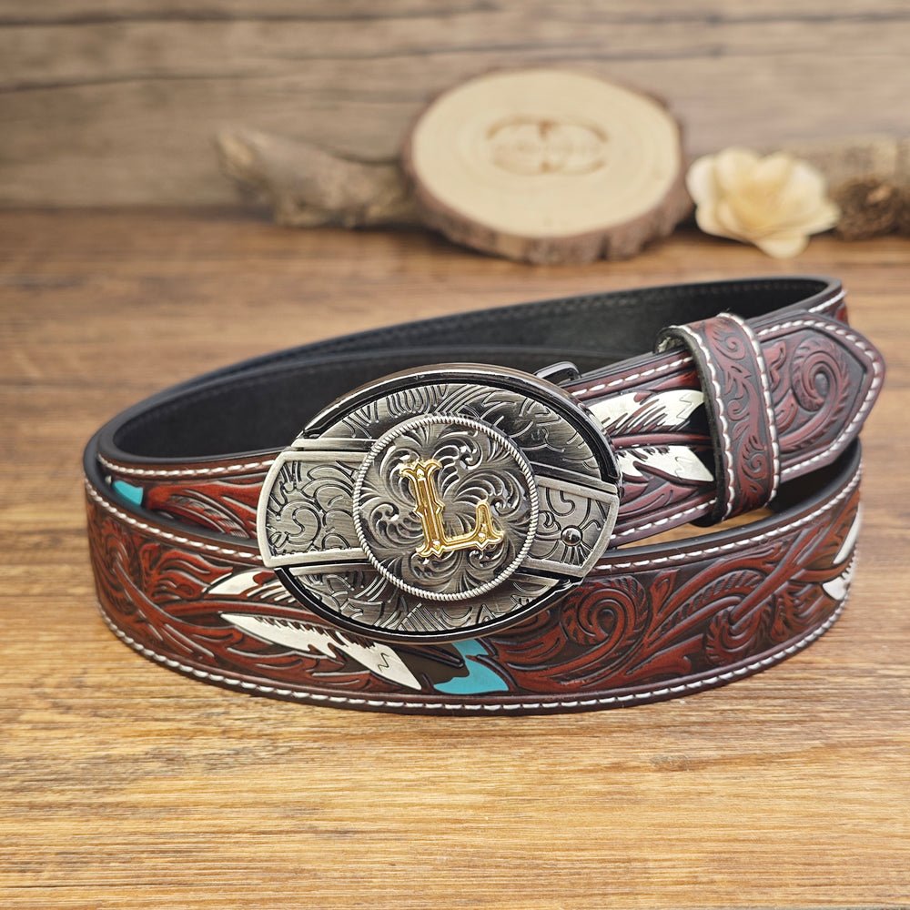 Western Brown Feather Belt with A–Z Initial Letter Buckle