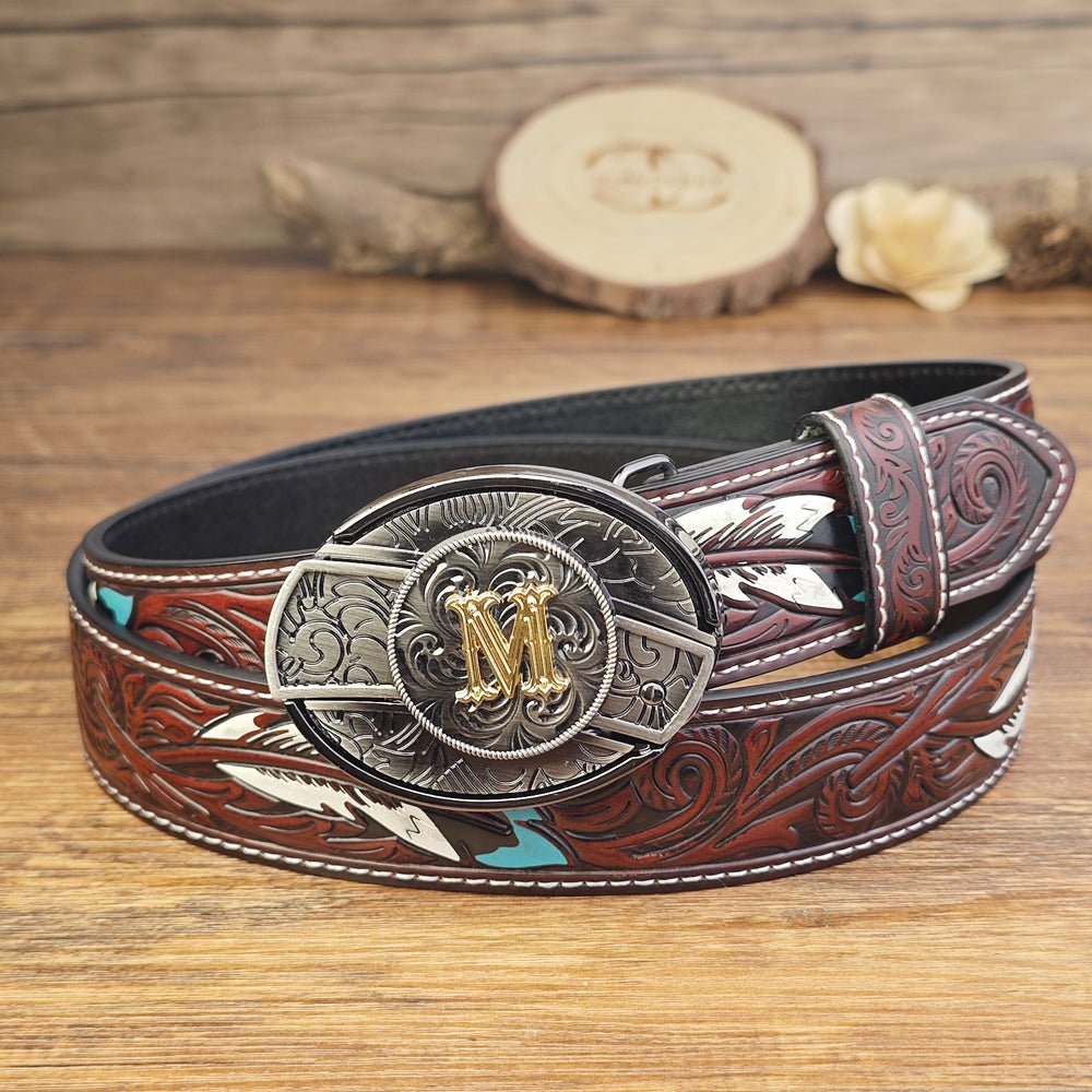 Western Brown Feather Belt with A–Z Initial Letter Buckle