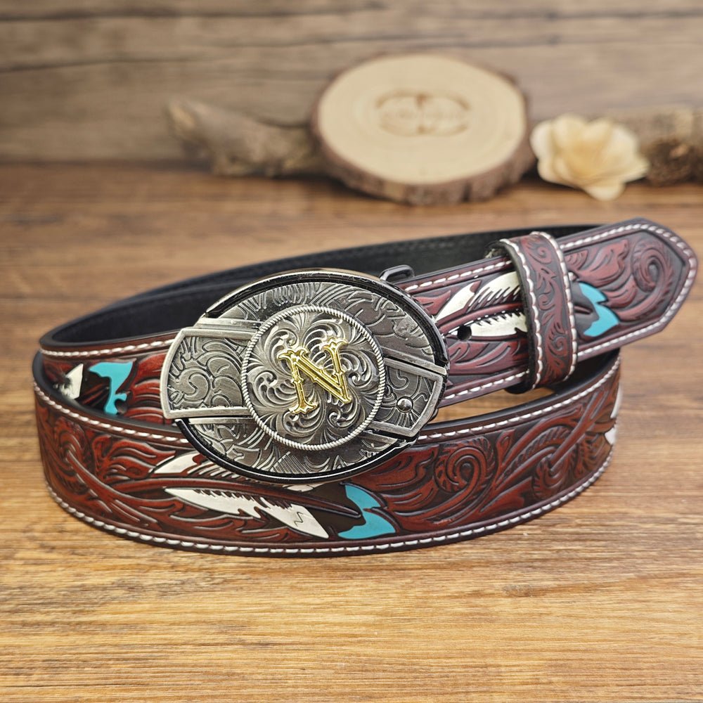 Western Brown Feather Belt with A–Z Initial Letter Buckle
