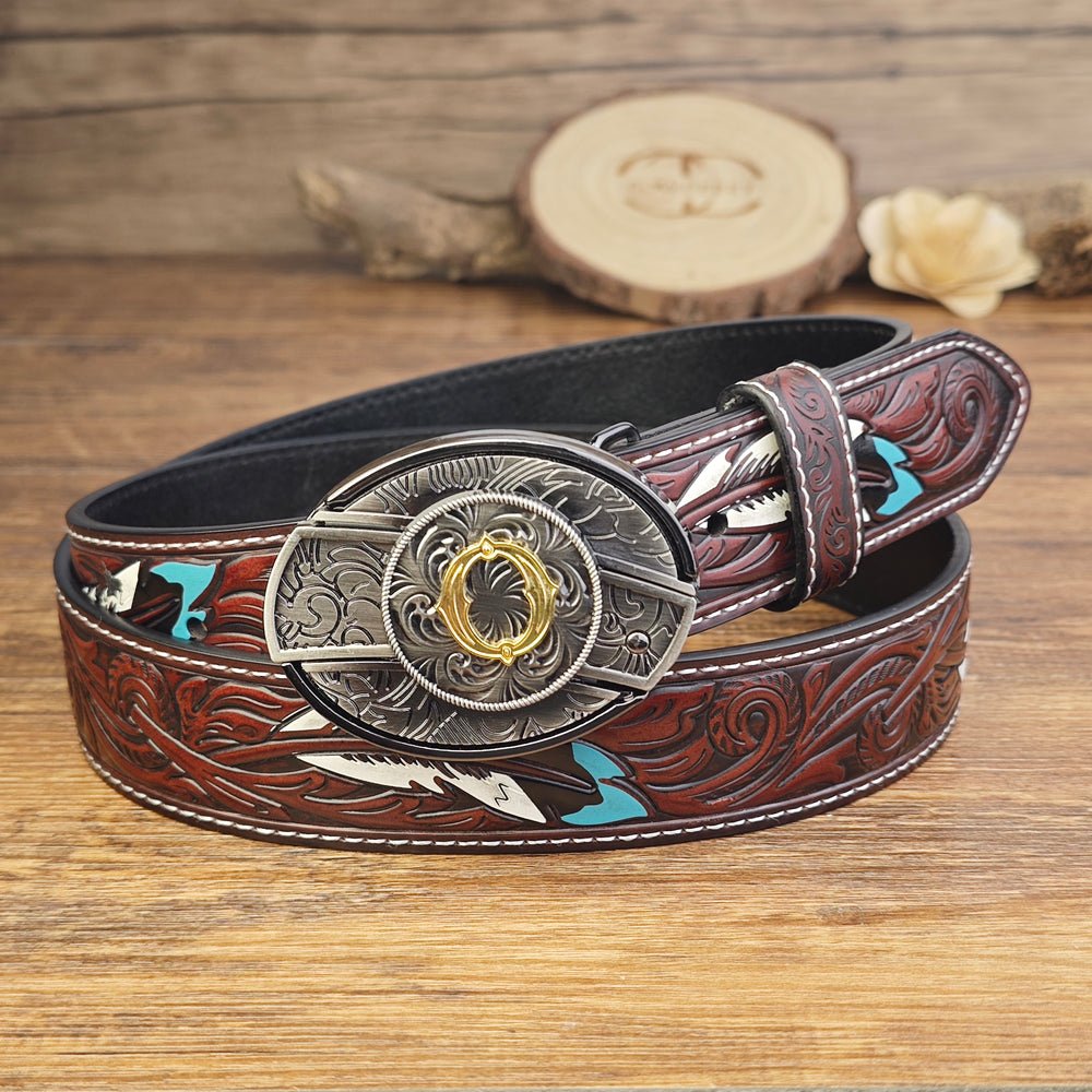Western Brown Feather Belt with A–Z Initial Letter Buckle