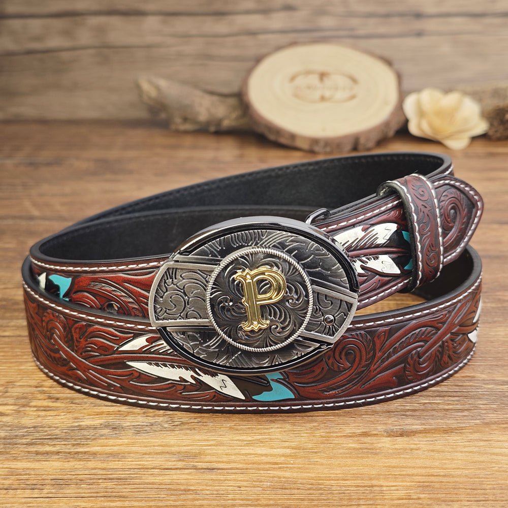 Western Brown Feather Belt with A–Z Initial Letter Buckle