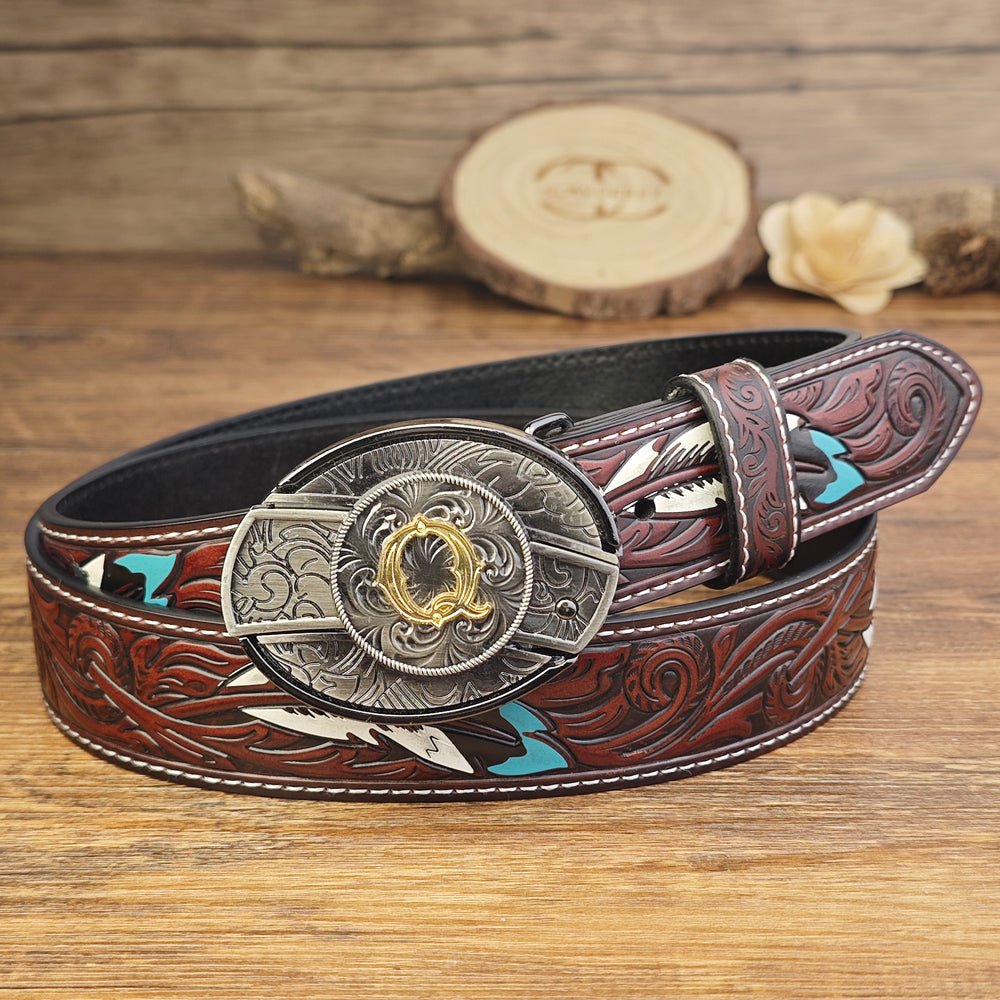 Western Brown Feather Belt with A–Z Initial Letter Buckle