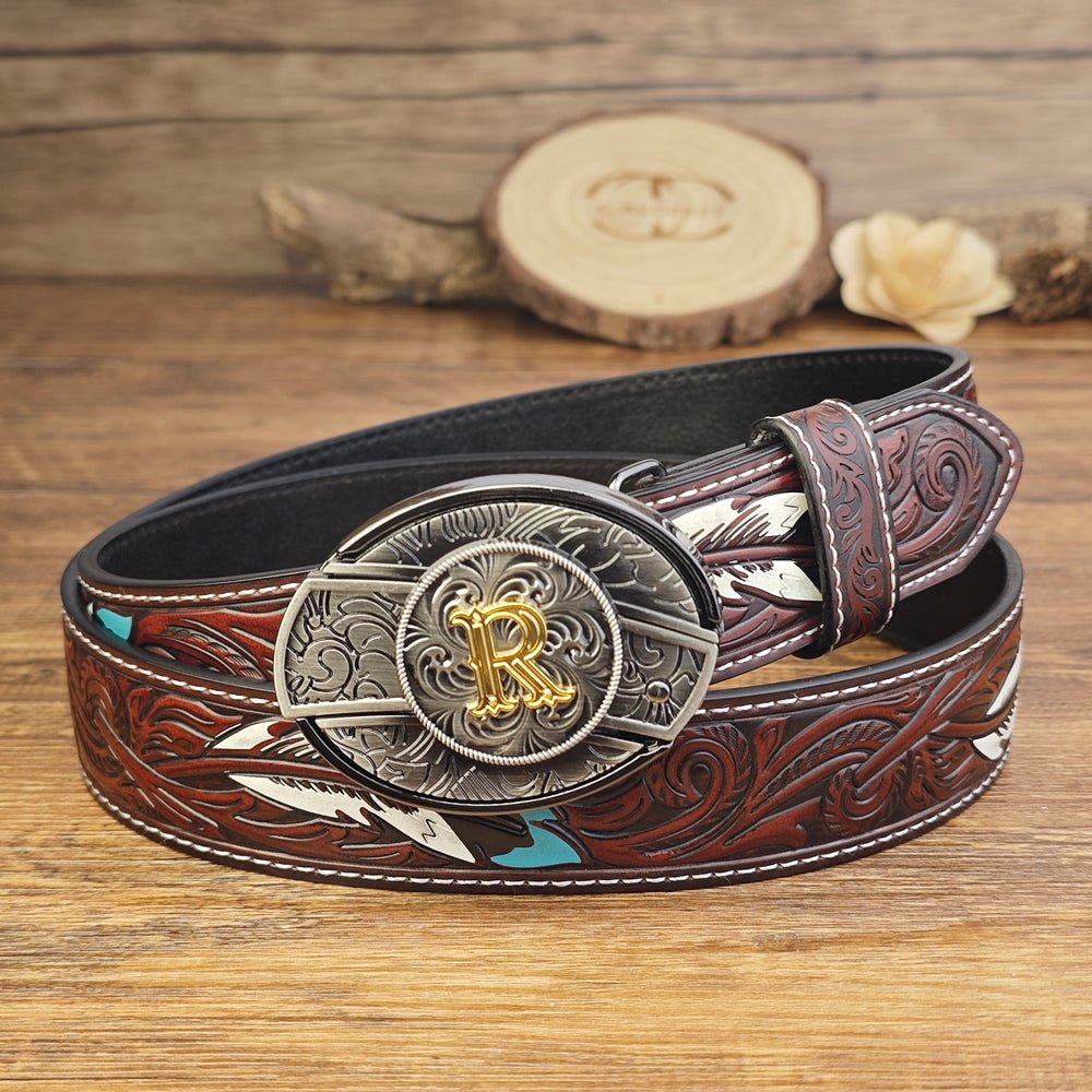 Western Brown Feather Belt with A–Z Initial Letter Buckle