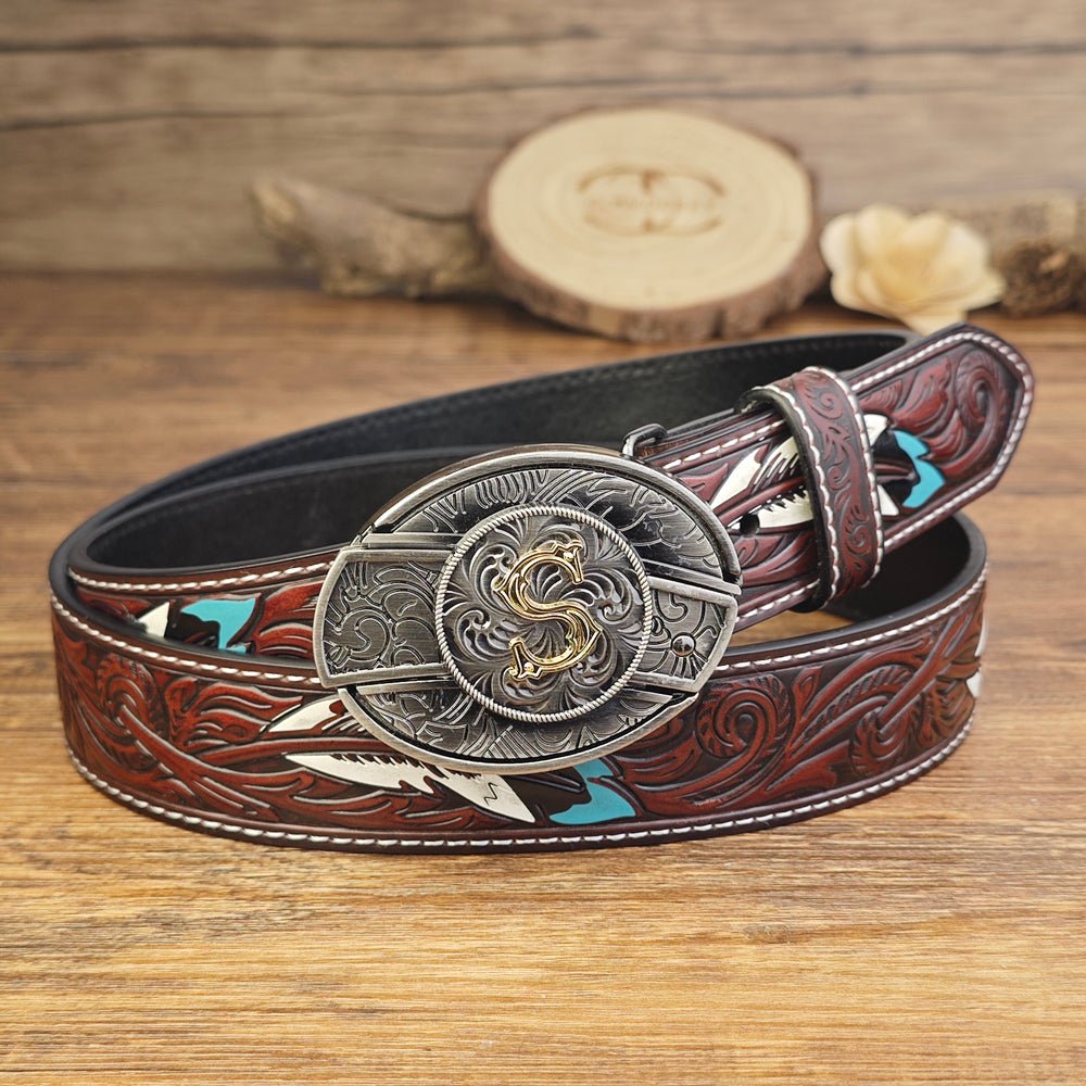Western Brown Feather Belt with A–Z Initial Letter Buckle