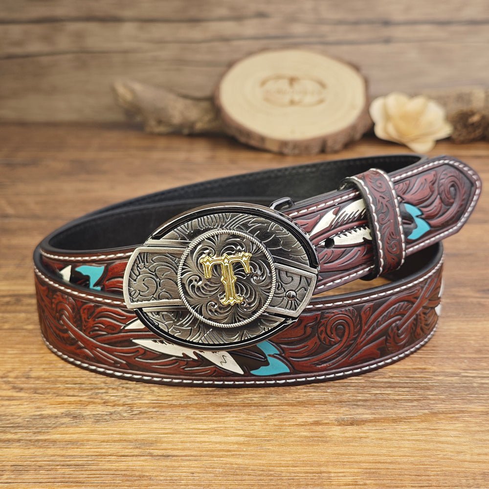 Western Brown Feather Belt with A–Z Initial Letter Buckle