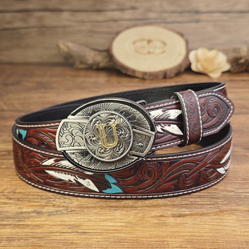 Western Brown Feather Belt with A–Z Initial Letter Buckle