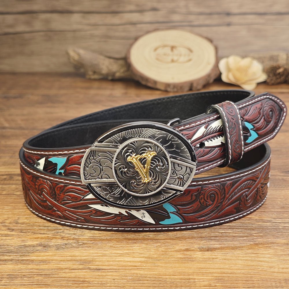 Western Brown Feather Belt with A–Z Initial Letter Buckle