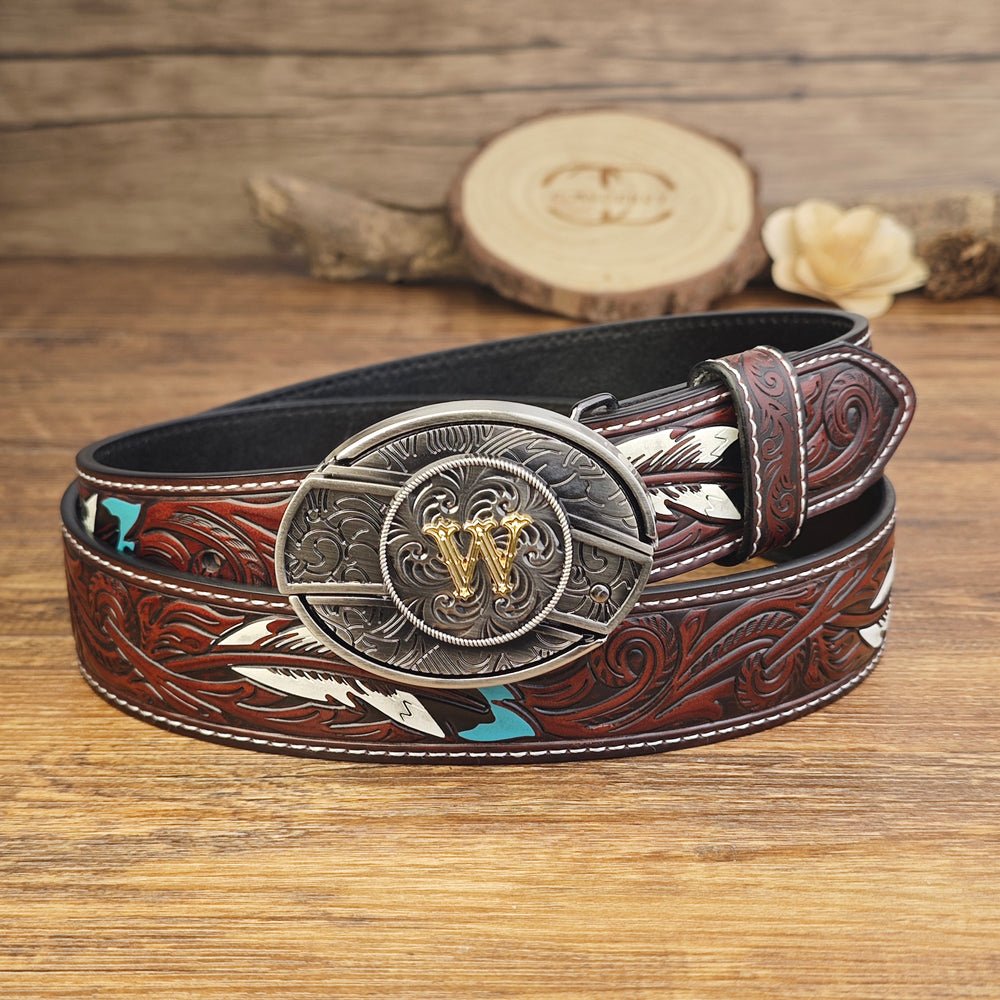 Western Brown Feather Belt with A–Z Initial Letter Buckle