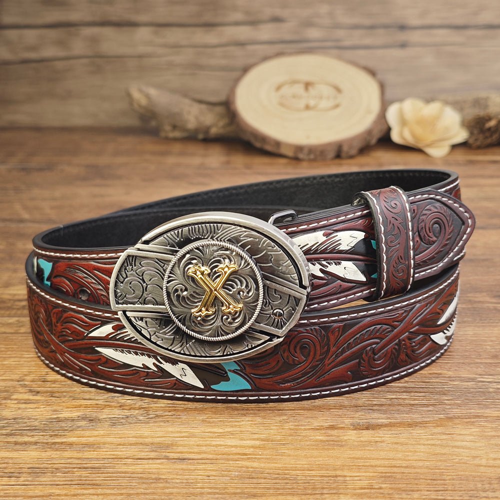 Western Brown Feather Belt with A–Z Initial Letter Buckle