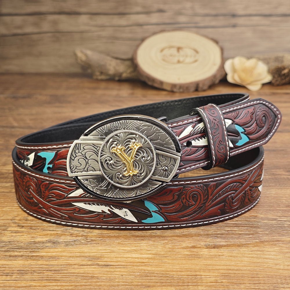 Western Brown Feather Belt with A–Z Initial Letter Buckle