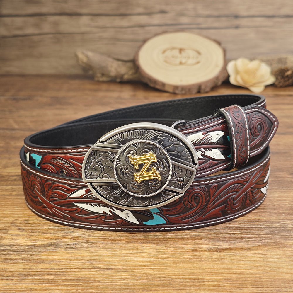 Western Brown Feather Belt with A–Z Initial Letter Buckle